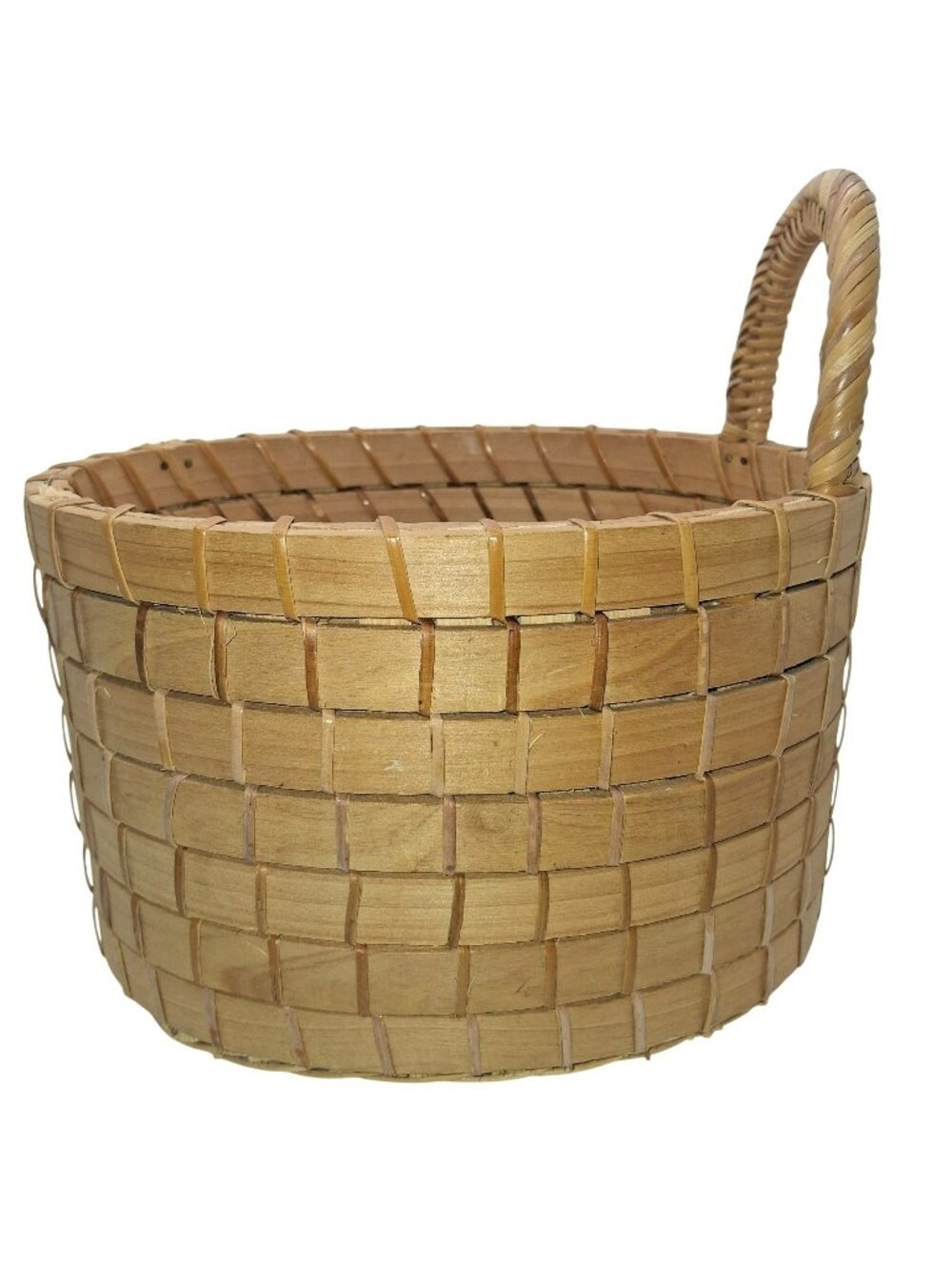 Vintage Handwoven  Stacked Bentwood Oval Catchall Basket Handle Rustic Storage